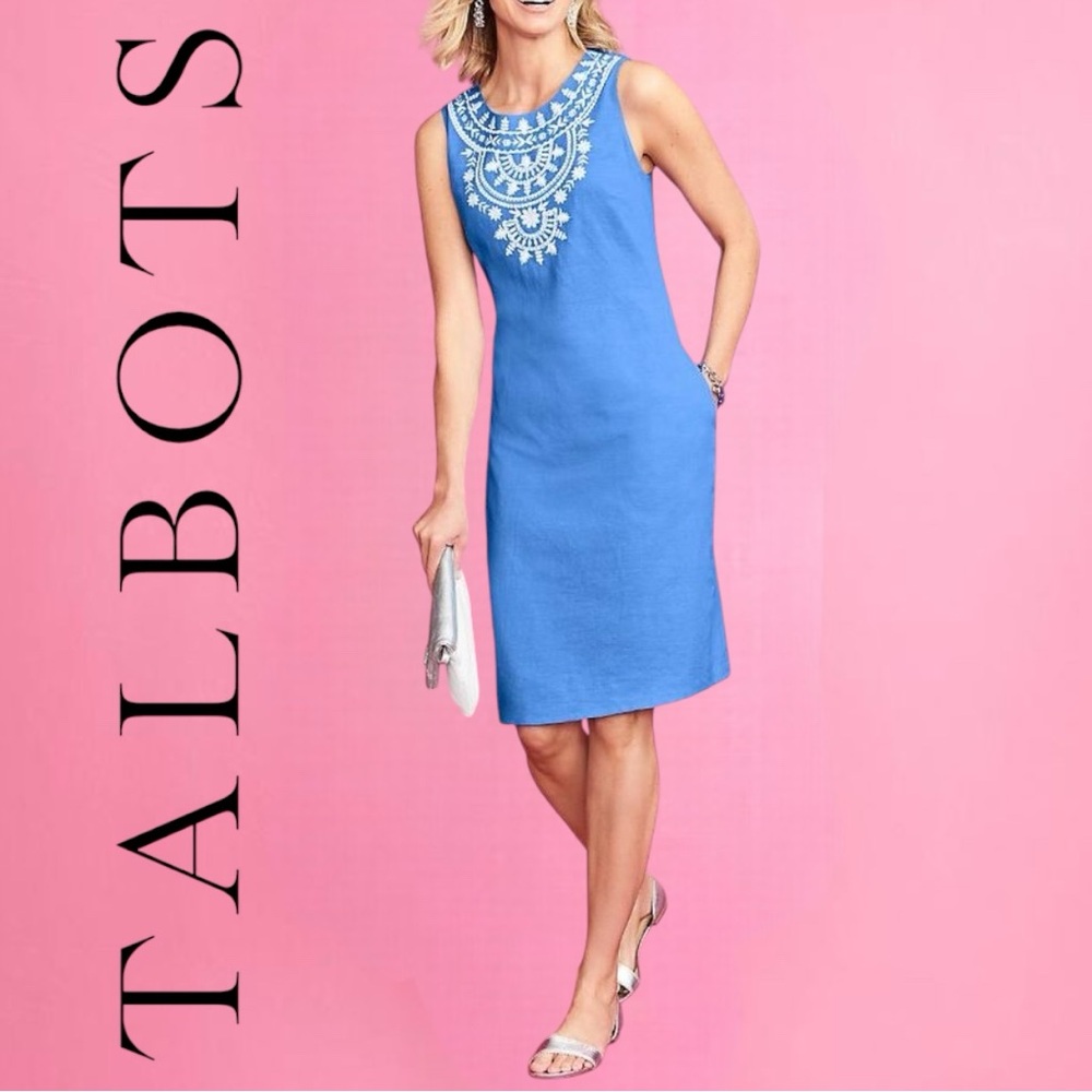 TALBOTS Blue Embroidered Cotton Tank Sleeveless Shift Dress Zip-up Lined Size 12